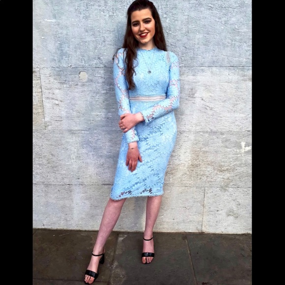 Plt Dusty Blue Long Sleeve Lace Bodycon 